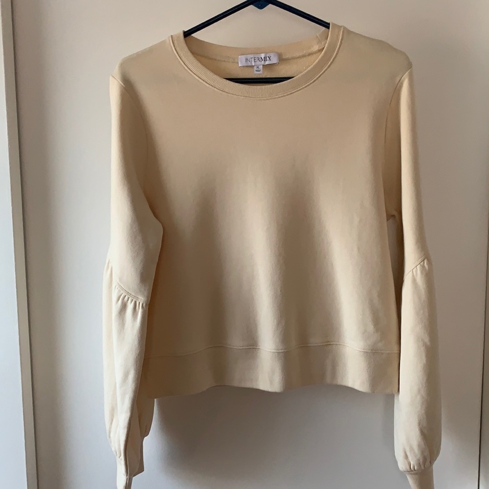 INTERMIX Cotton Terry Cropped Puff Sleeve Sweatshirt XL